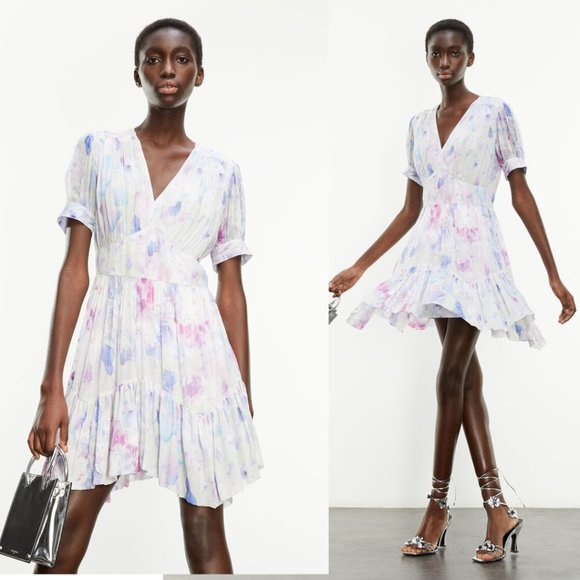 The Kooples Mini Dress Sway Abstract Printed Frill Trim Puffed Sleeves V-Neck - Picture 1 of 13